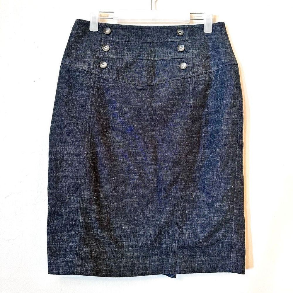 BCX Button Accent Back Zip High Waist Stretch Pencil Skirt Heather Denim Blue Sz